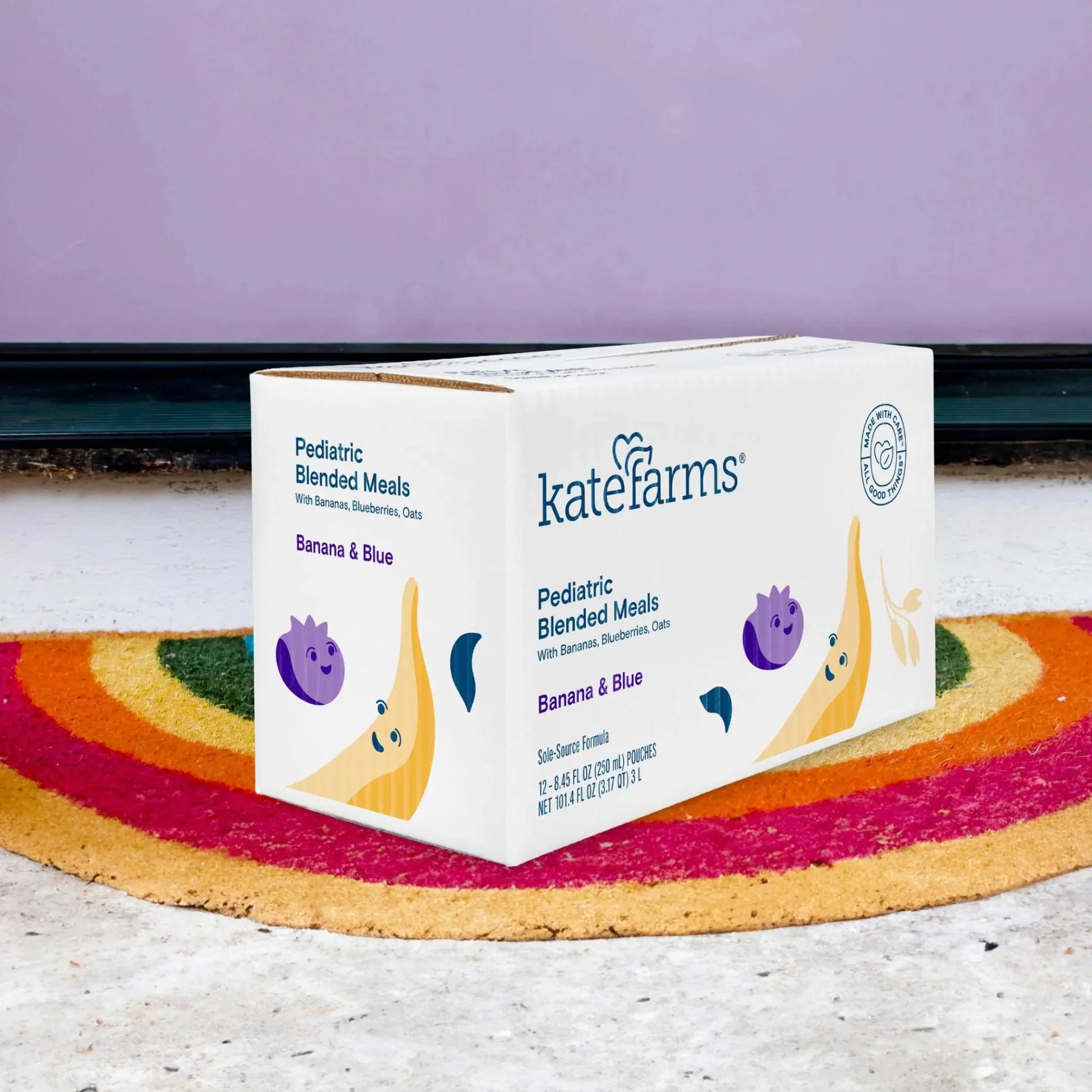 Kate Farms Banana & Blueberry pediatric blended meal box with pouch graphics