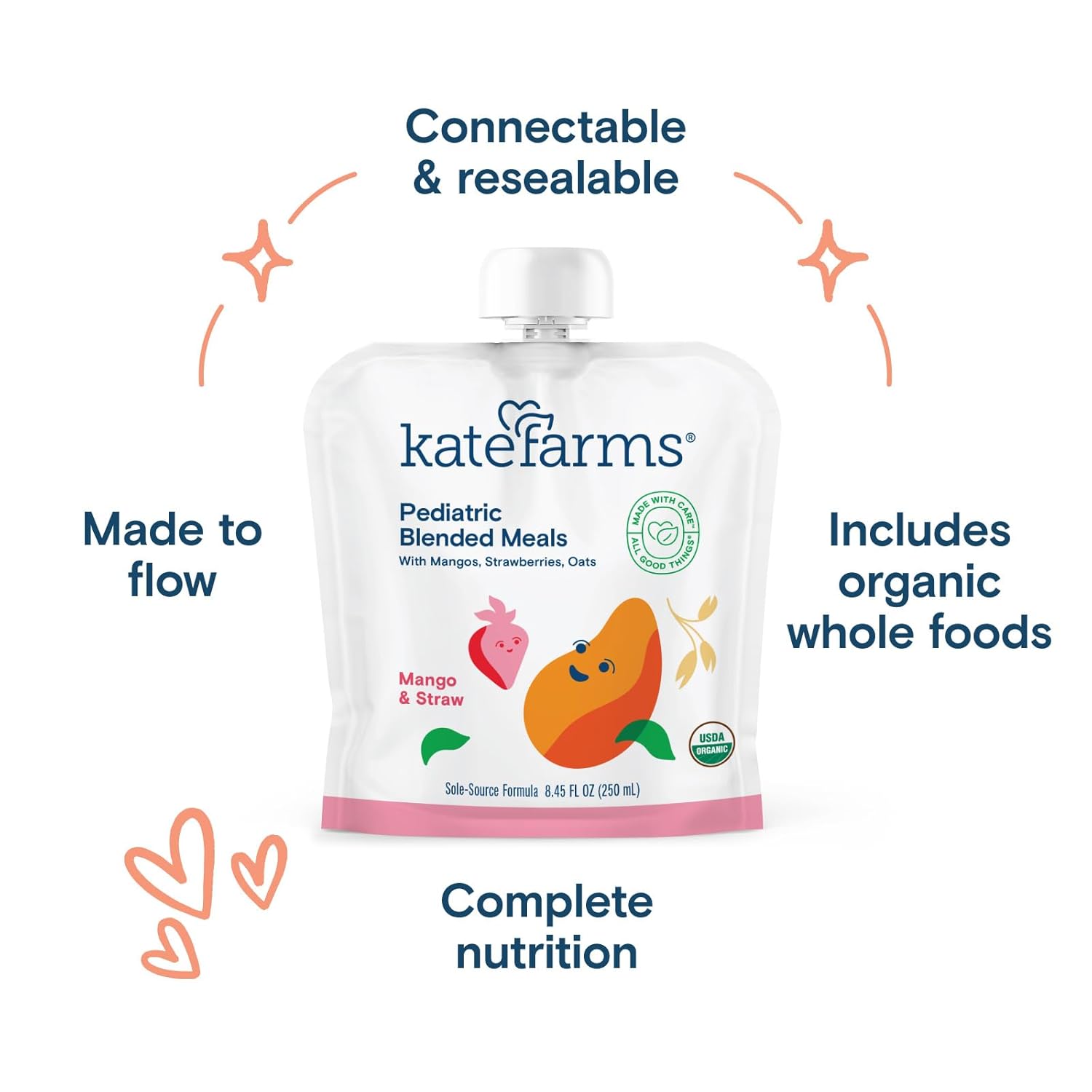 Pediatric blended meals pouch with “connectable & resealable” and “complete nutrition” text