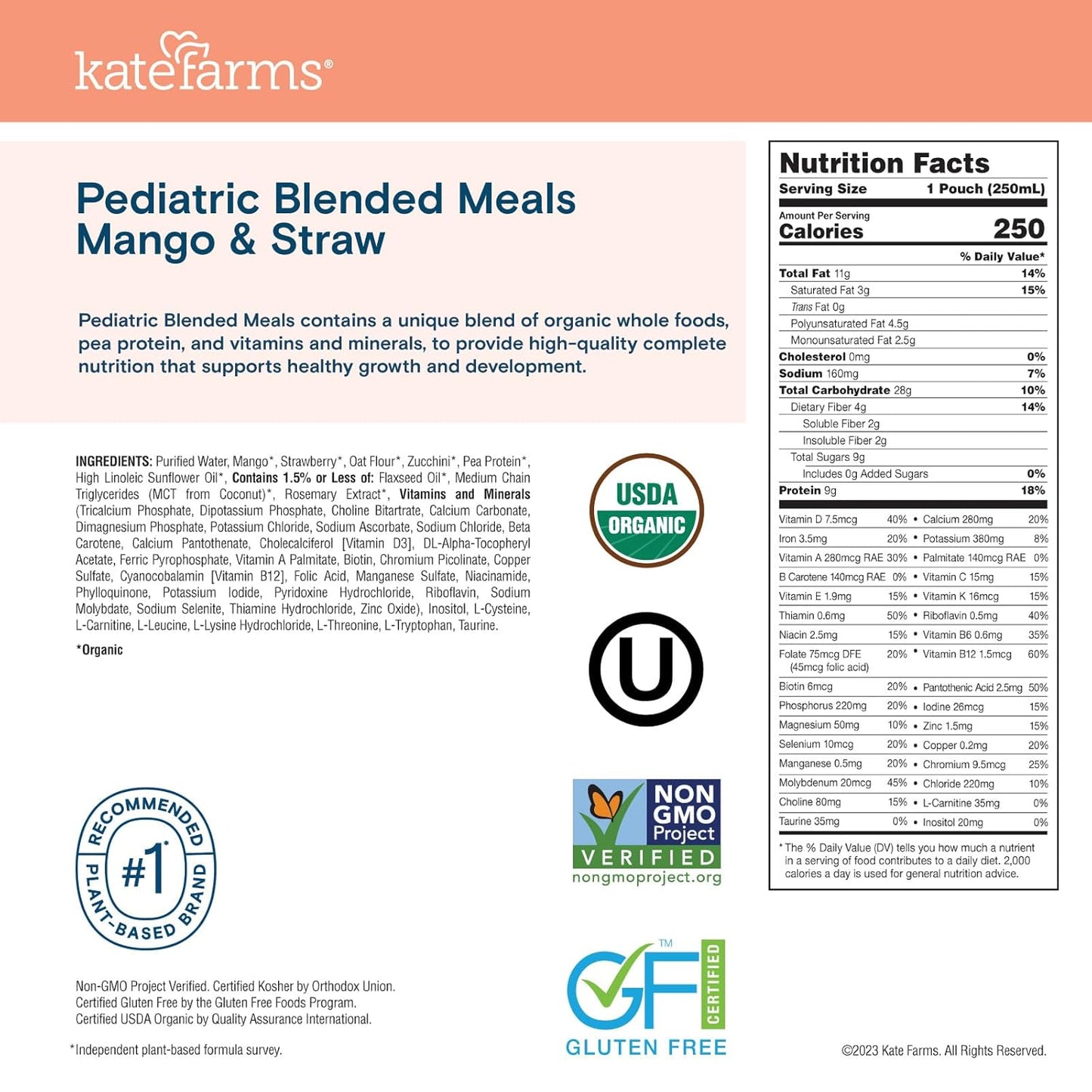 Pediatric blended meals pouch nutrition facts panel for Mango & Strawberry