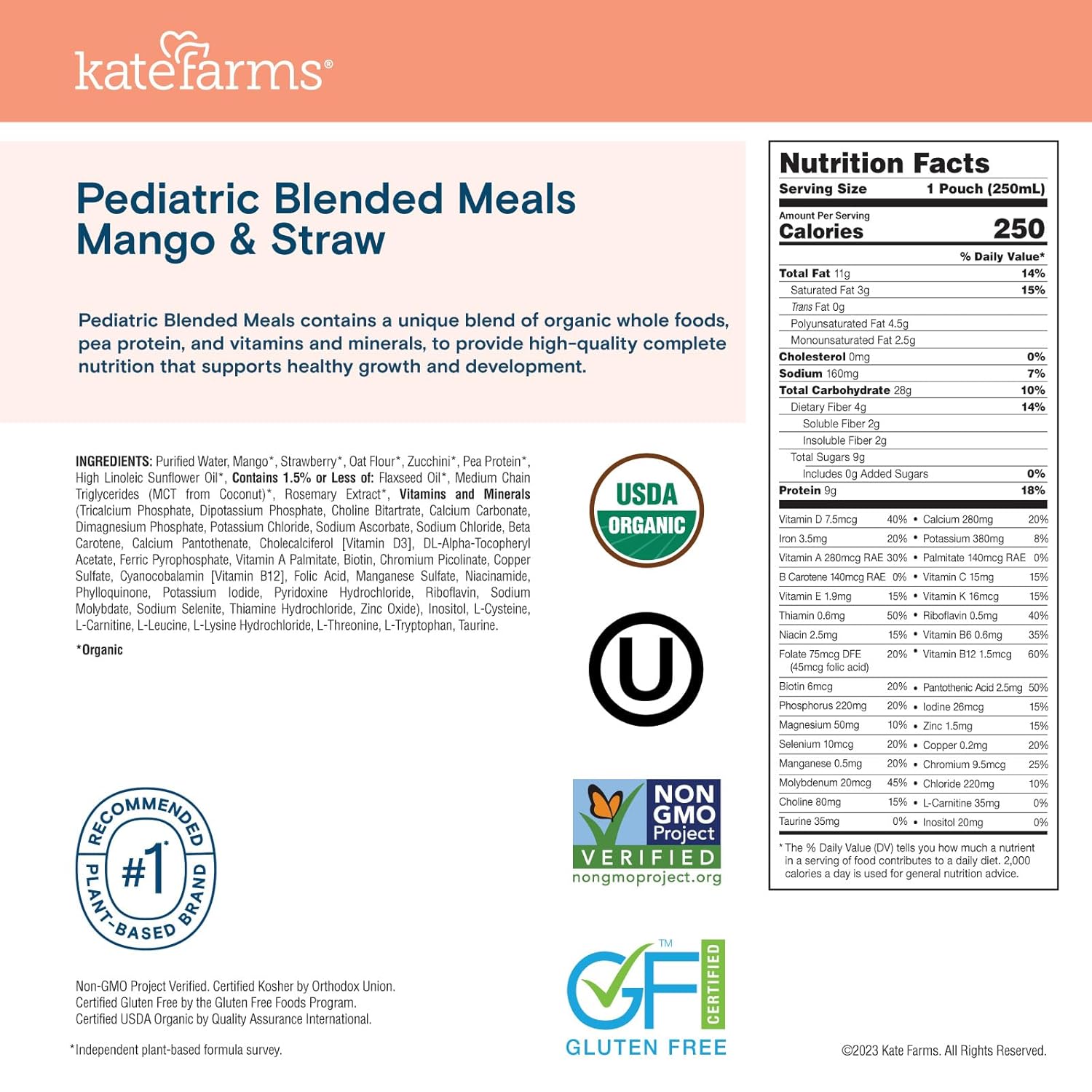 Pediatric blended meals pouch nutrition facts panel for Mango & Strawberry