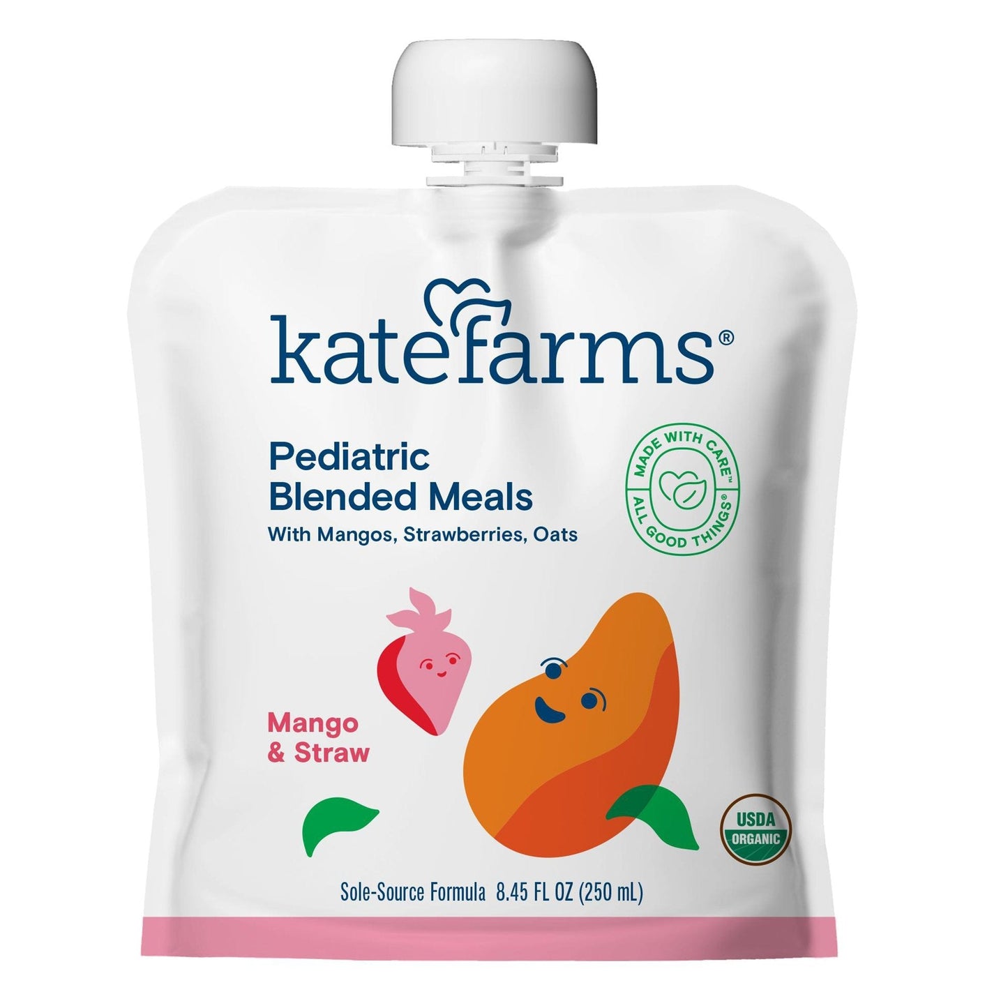 Close-up pediatric blended meals pouch: Mango & Strawberry, katefarms, USDA Organic seal