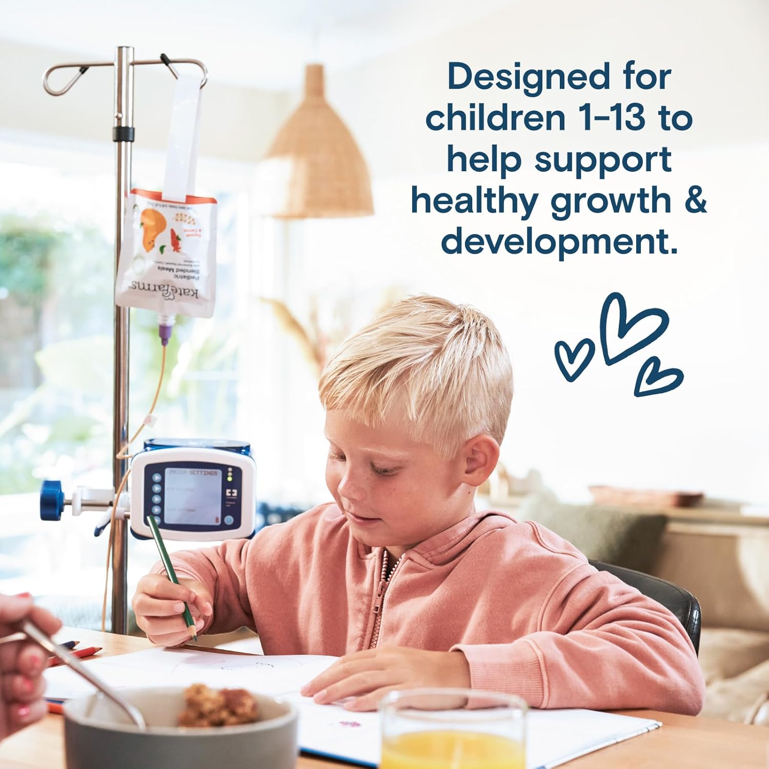 Katefarms pediatric blended meals pouch connected to a feeding tube