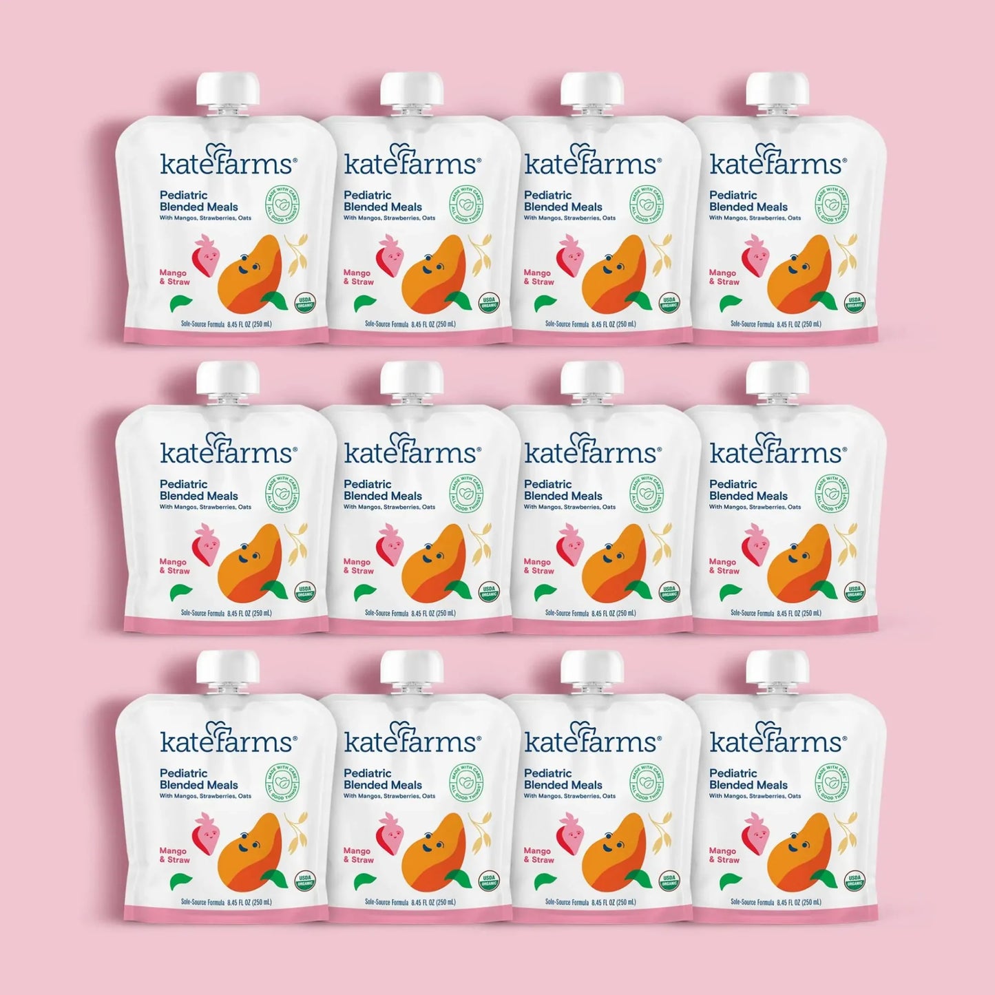 12-pack of pediatric blended meals pouches, Mango & Strawberry, resealable spout tops