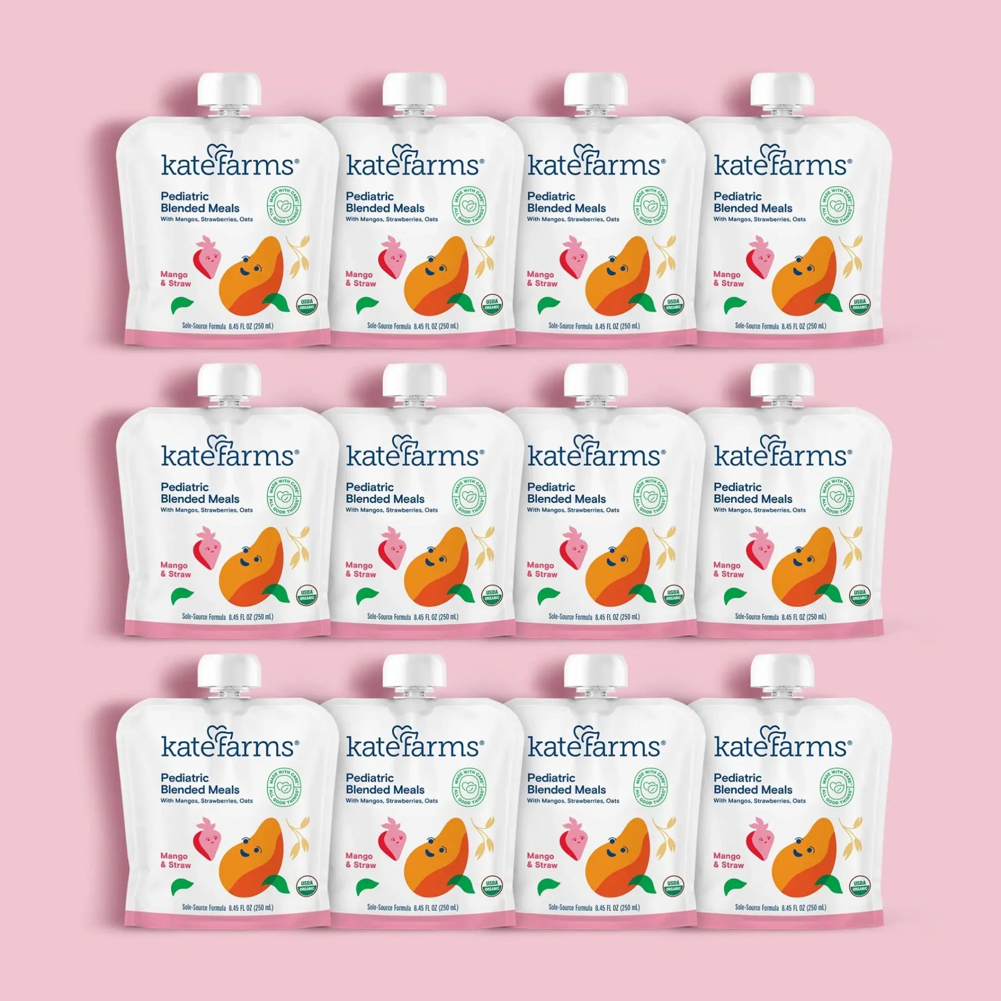 12-pack of pediatric blended meals pouches, Mango & Strawberry, resealable spout tops