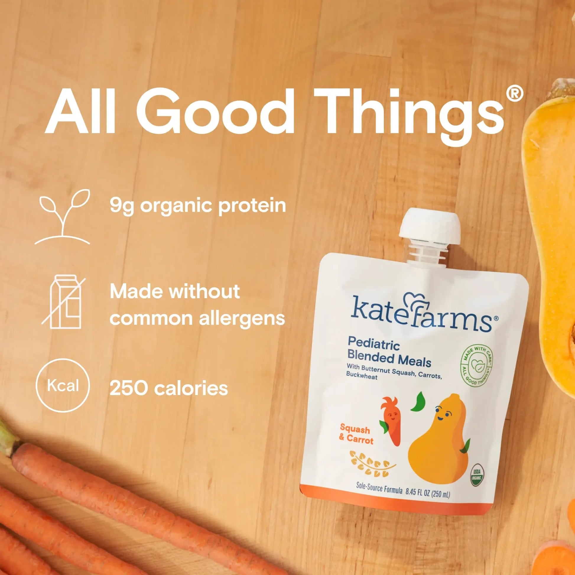 Squash & carrot pediatric blended meals pouch with 9g organic protein label