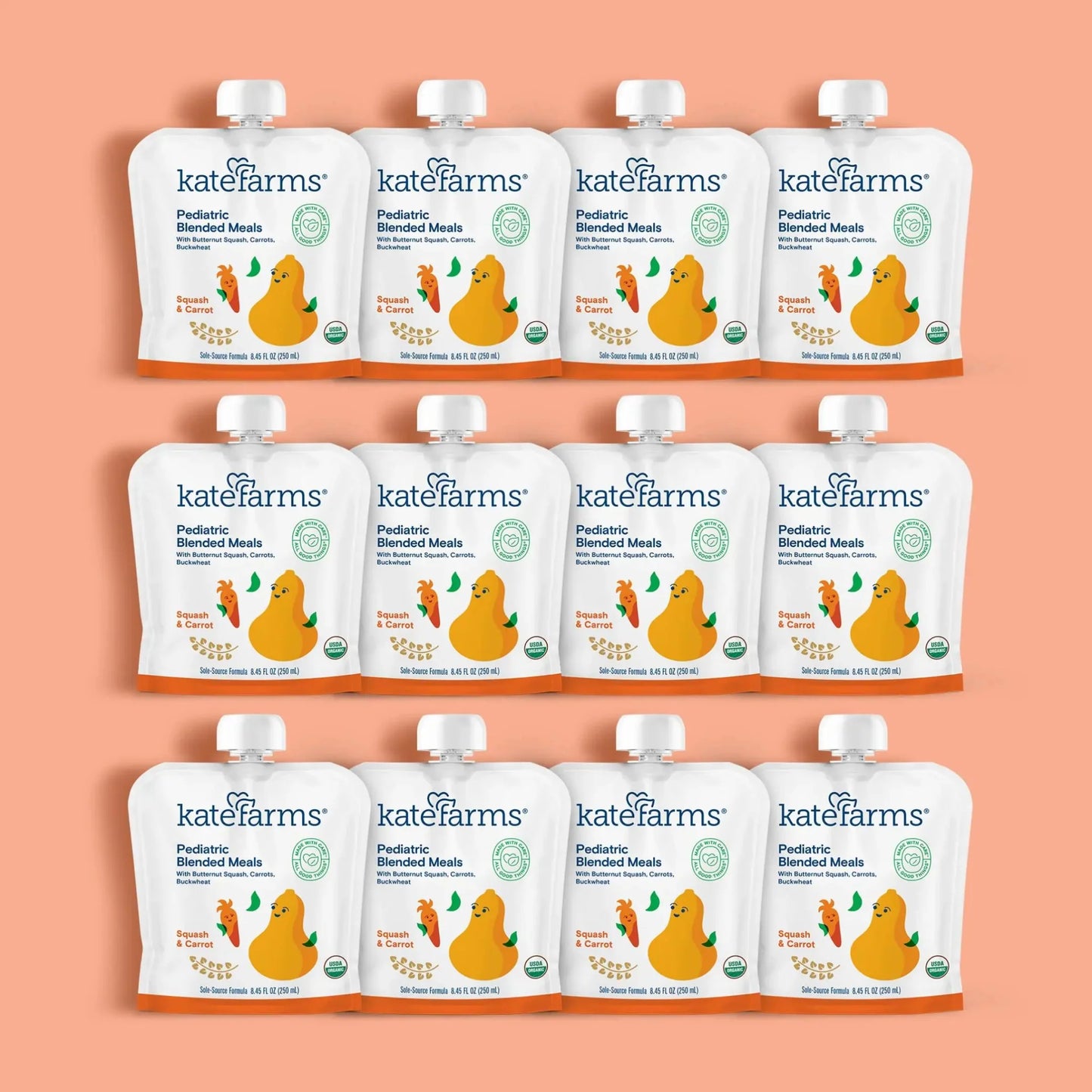 Kate Farms pediatric blended meals squash & carrot, 12-pack pouches
