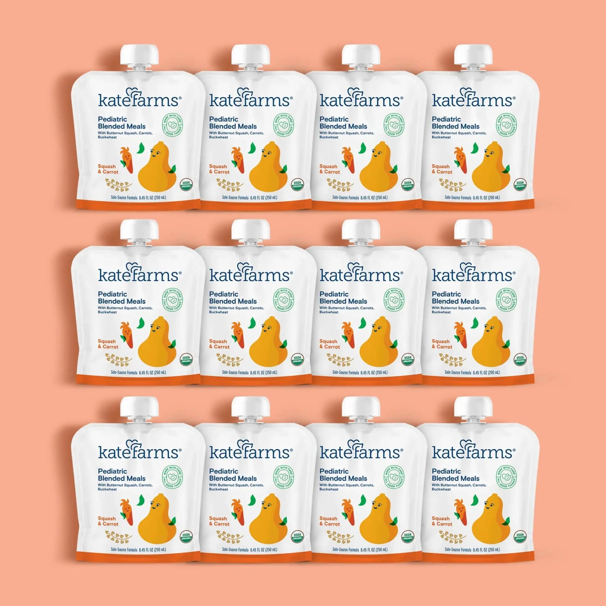 Kate Farms pediatric blended meals squash & carrot, 12-pack pouches