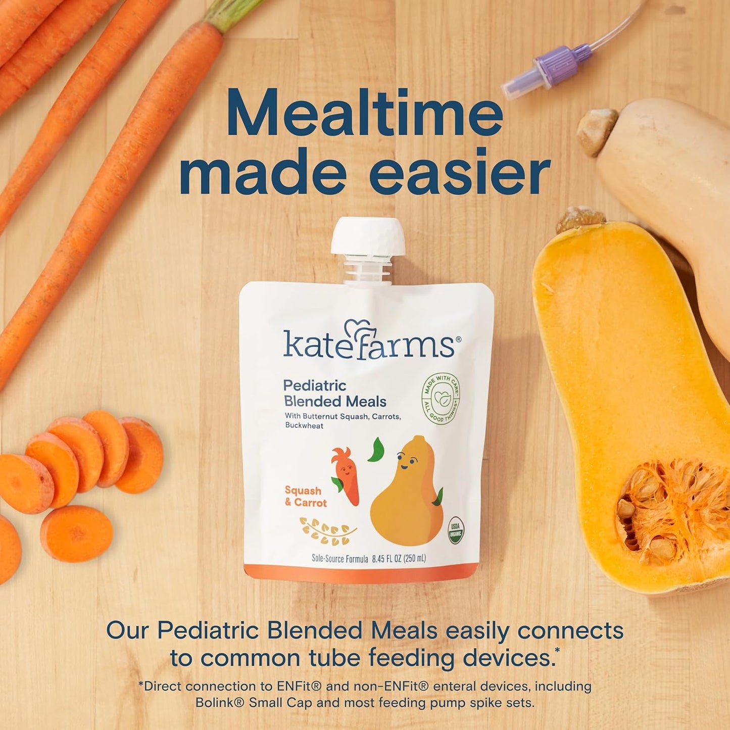 Squash & carrot pediatric blended meals pouch, meal time made easier for tube feeding