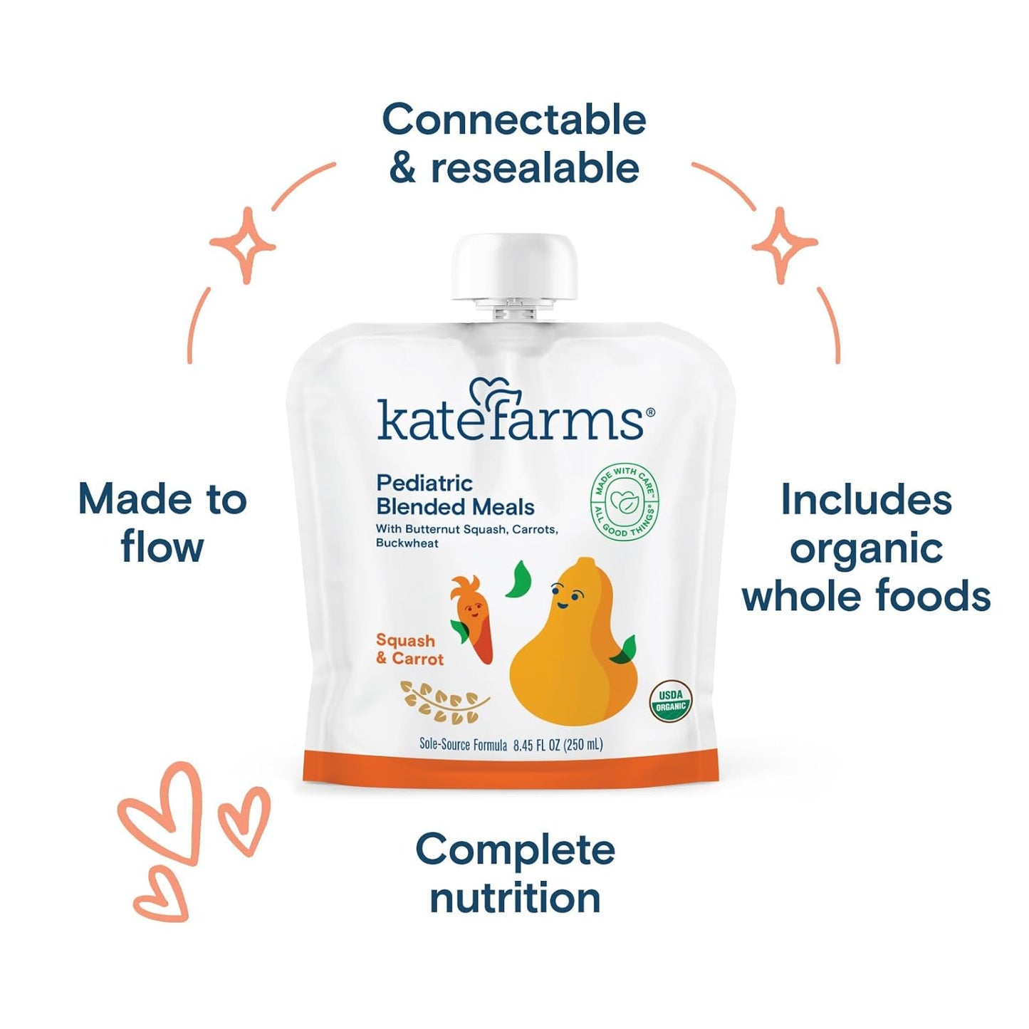 Pediatric blended meals pouch: connectable and resealable design, squash & carrot