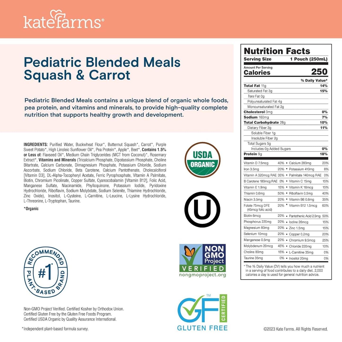 Nutrition Facts panel for pediatric blended meals squash & carrot, 1 pouch (250 mL)
