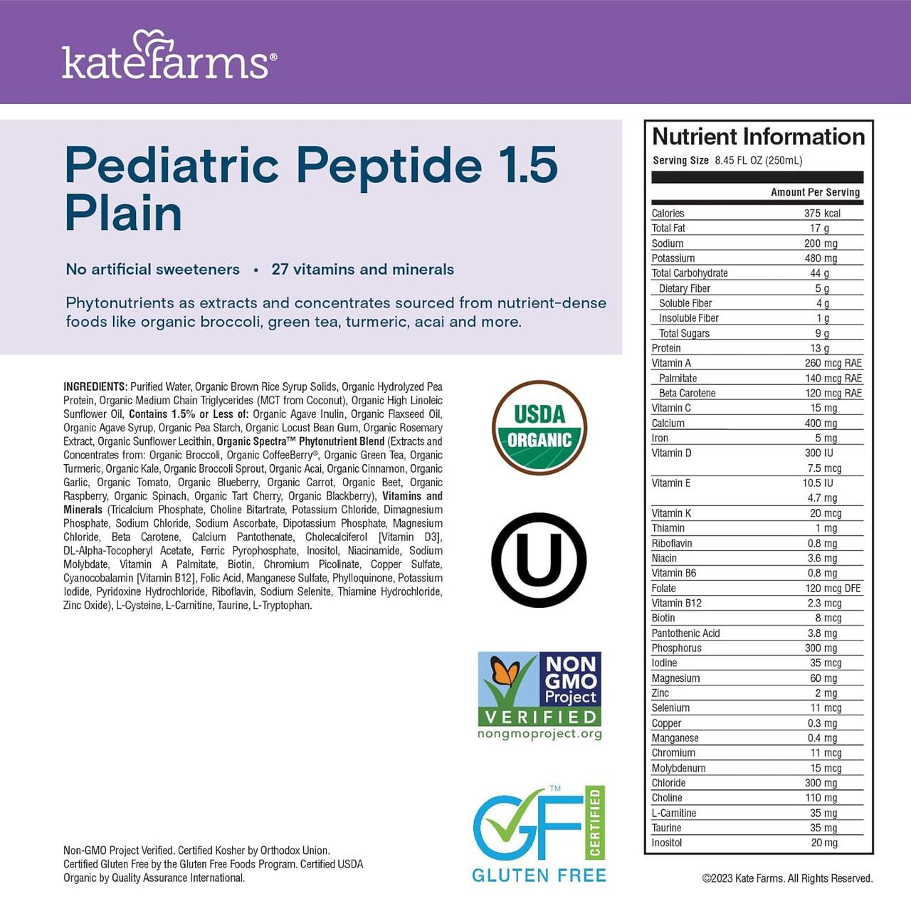 Pediatric Peptide 1.5 plain label with nutrient facts, gluten-free and non-GMO seals