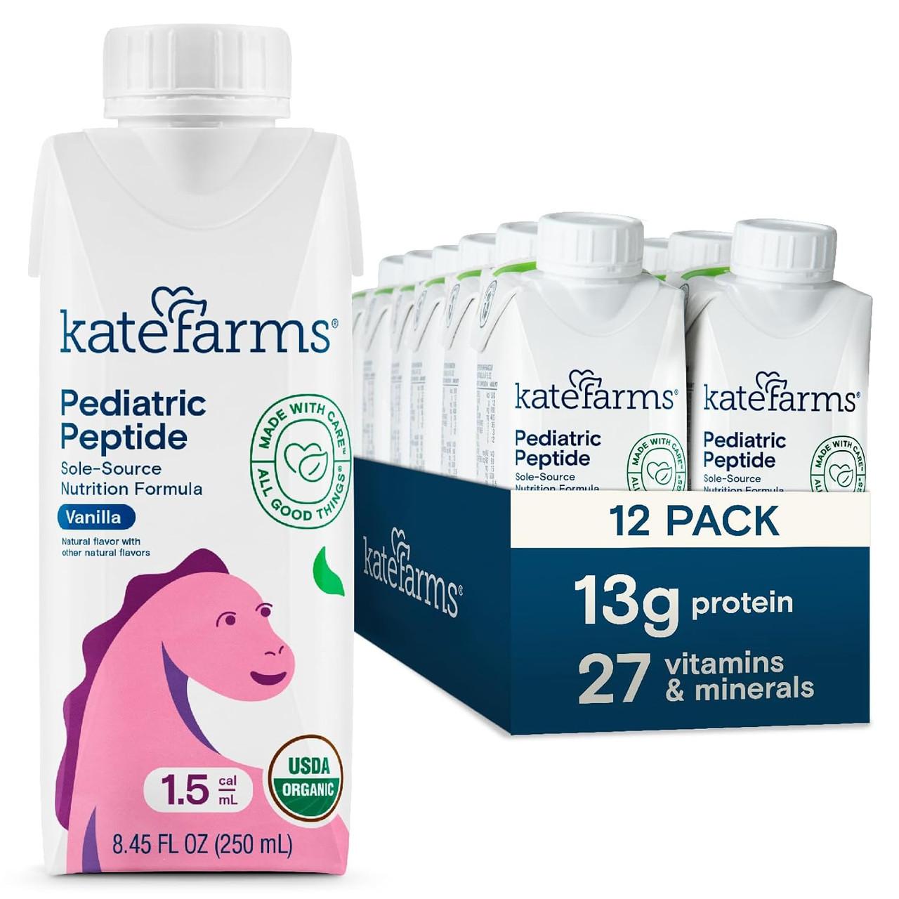 Kate Farms Pediatric Peptide 1.5 vanilla 12-pack cartons, 13g protein, 27 vitamins & minerals