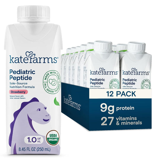 Kate Farms Pediatric Peptide 1.0 strawberry nutrition formula carton, 8.45 fl oz (250 mL).
