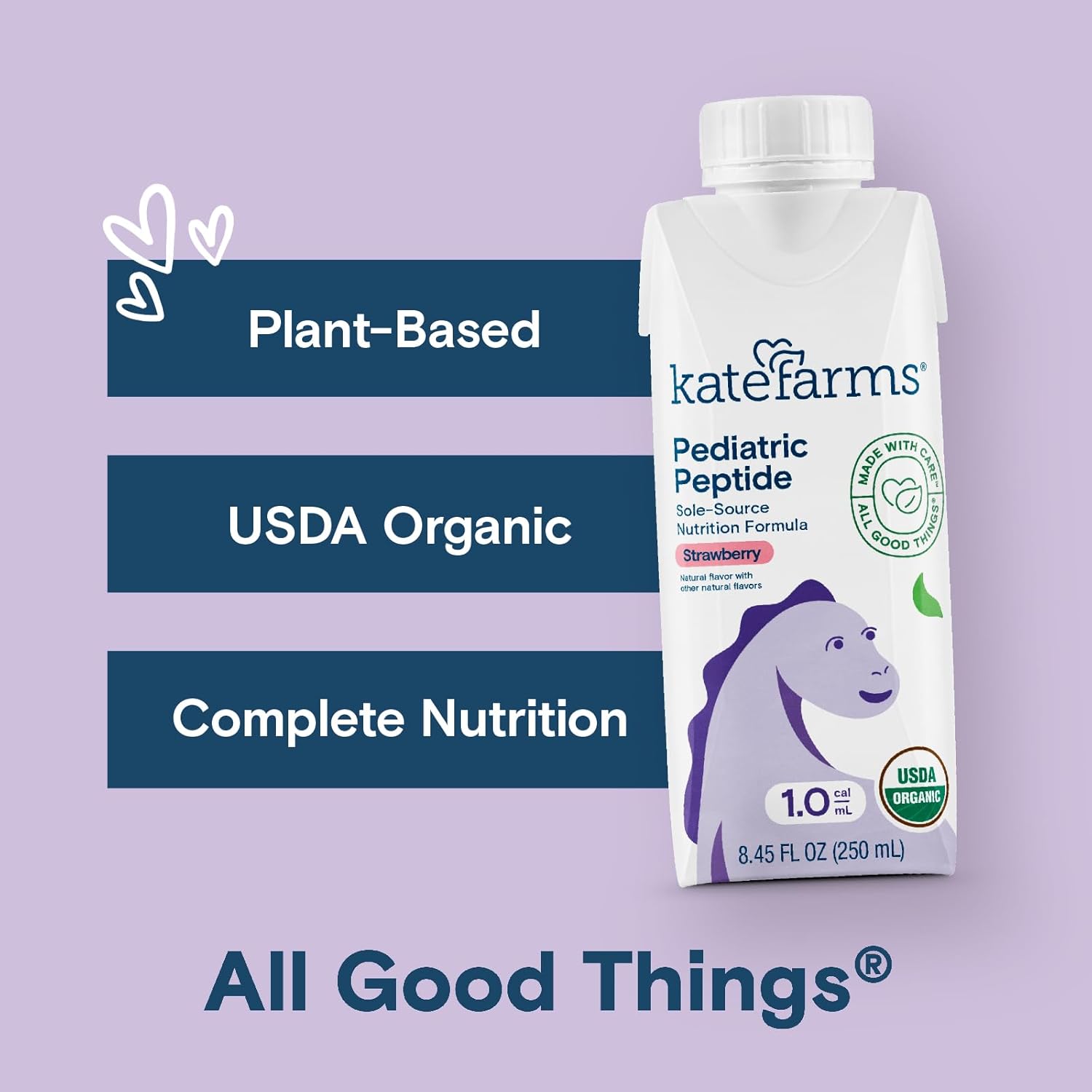USDA Organic plant-based Pediatric Peptide 1.0 strawberry formula carton, 8.45 fl oz.