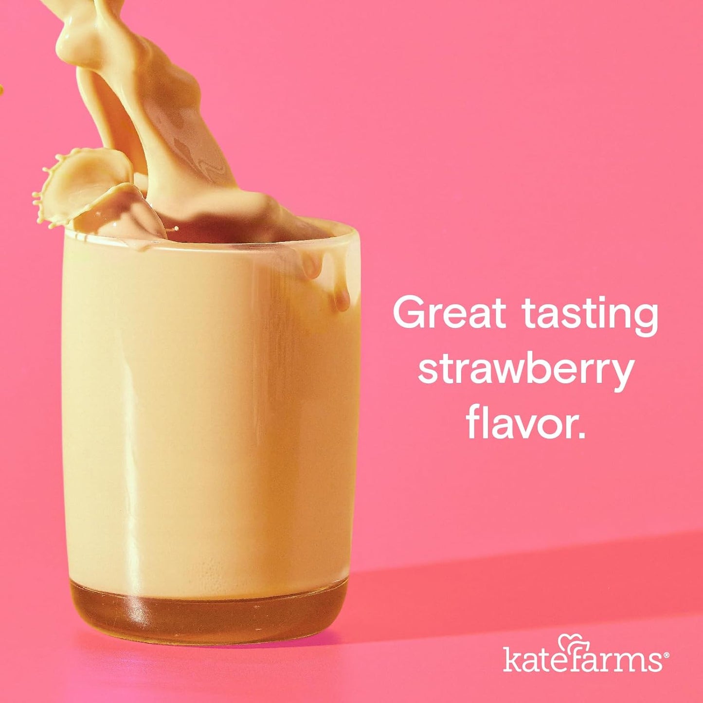 Strawberry flavor pediatric peptide formula pour into a glass cup.