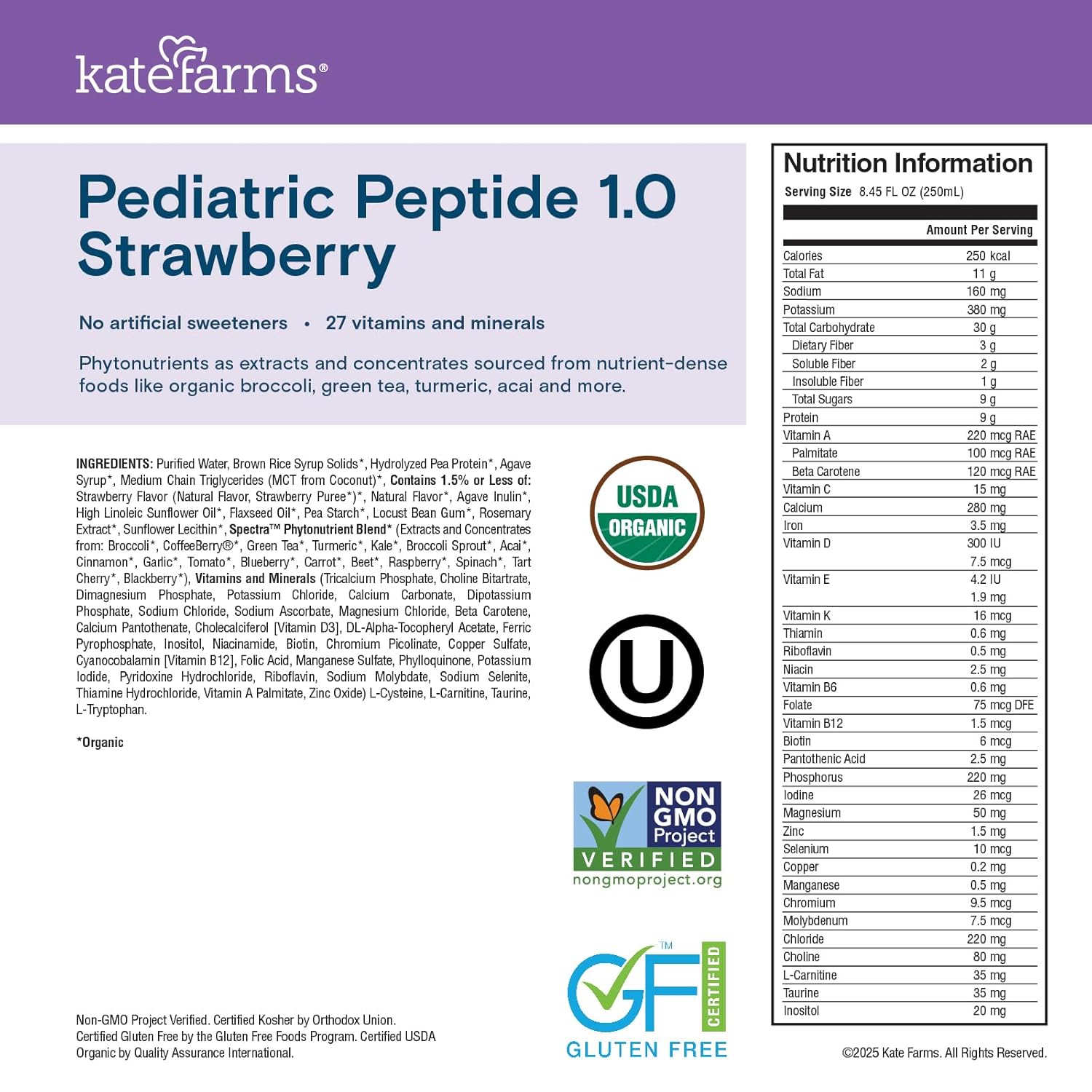 Back panel: Pediatric Peptide 1.0 strawberry nutrition facts, 8.45 fl oz (250 mL).