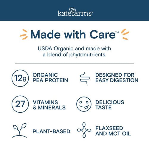 “Made with Care” panel for pediatric standard chocolate formula: 12g protein, 27 vitamins