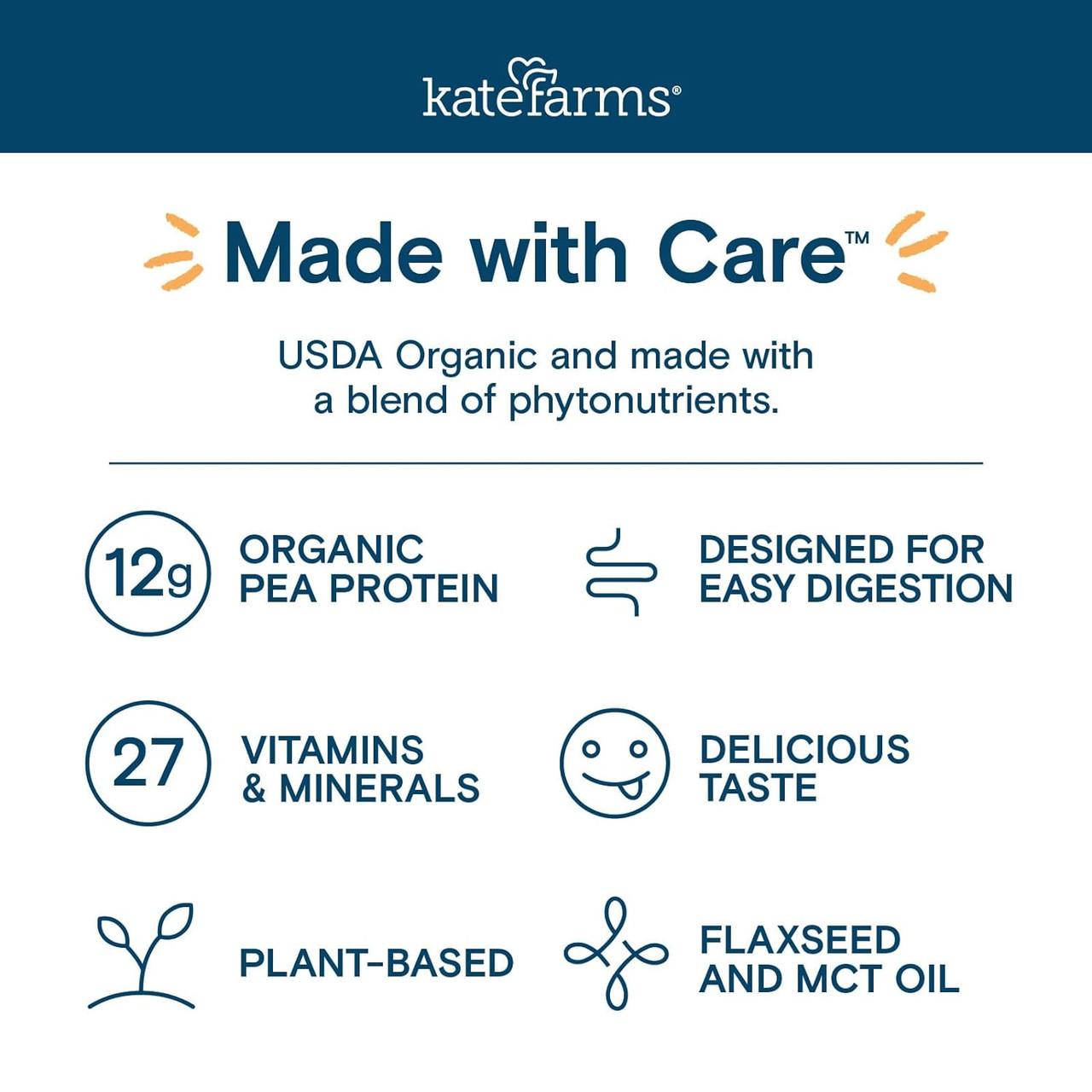 Made with Care Pediatric Standard 1.2 vanilla: 12g organic pea protein, 27 vitamins