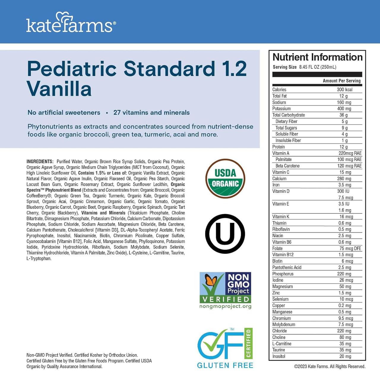 Pediatric Standard 1.2 Vanilla nutrition facts, serving size 8.45 fl oz (250 mL)