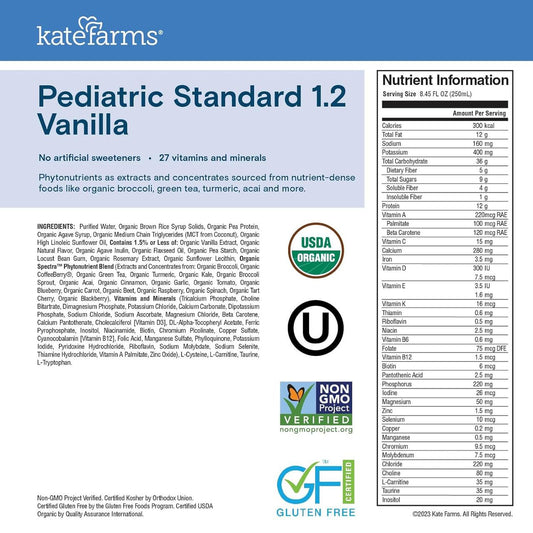 Pediatric Standard 1.2 Vanilla nutrition facts, serving size 8.45 fl oz (250 mL)