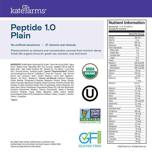 Peptide 1.0 Plain label with nutrient info and USDA Organic, gluten-free icons