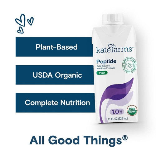 Kate Farms Peptide 1.0 Plain carton with USDA Organic and plant-based labels