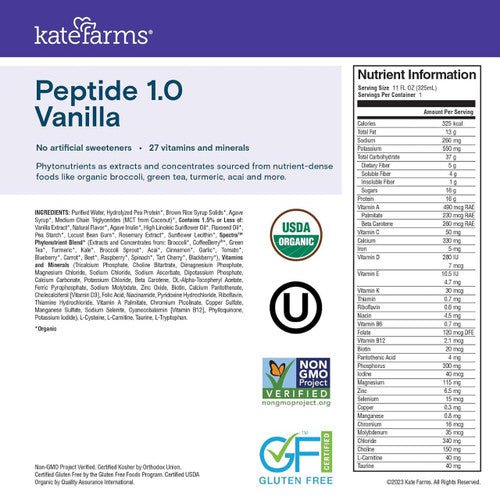 Peptide 1.0 Vanilla ingredient and nutrition information panel