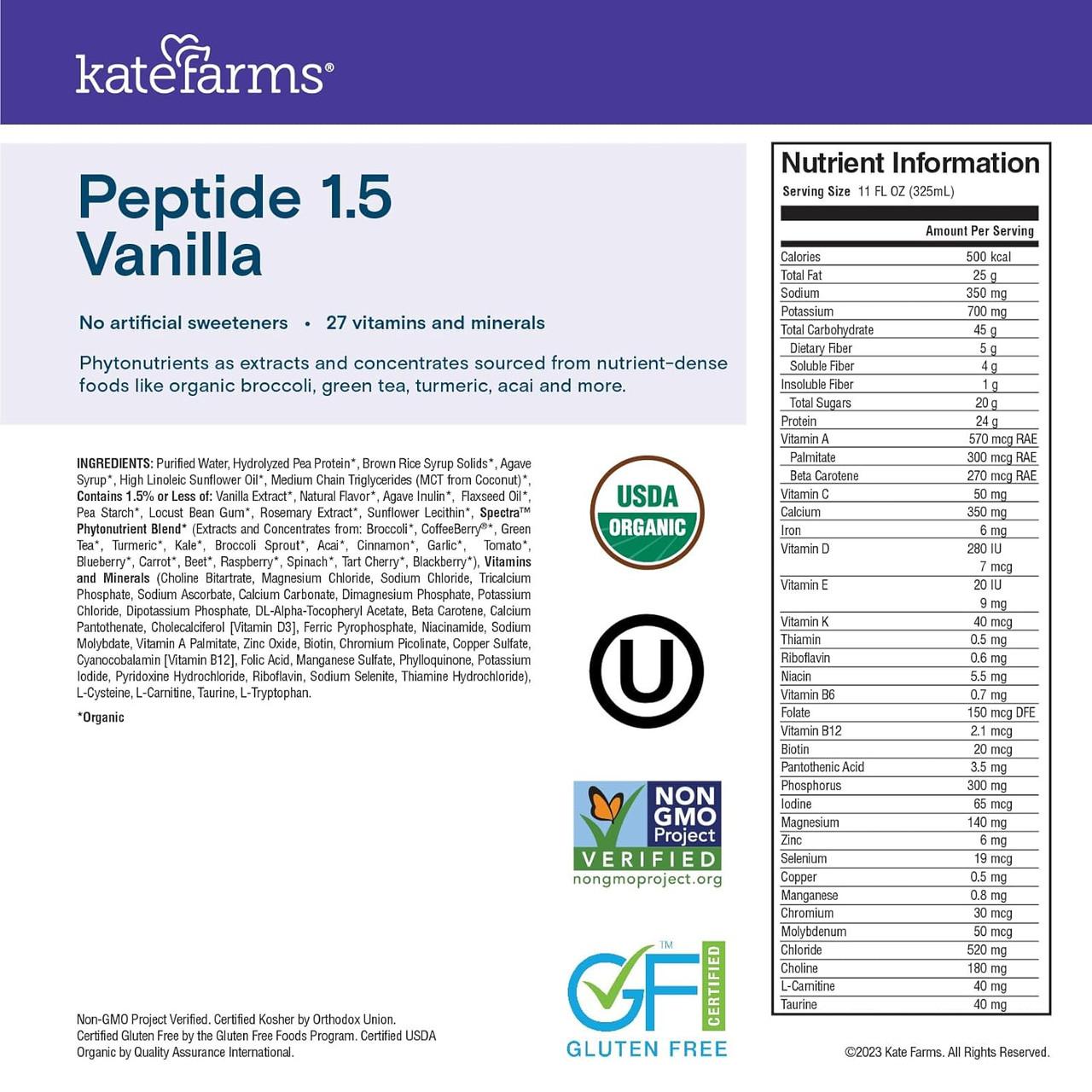 Peptide 1.5 Vanilla nutrition facts panel with serving-size and nutrient table