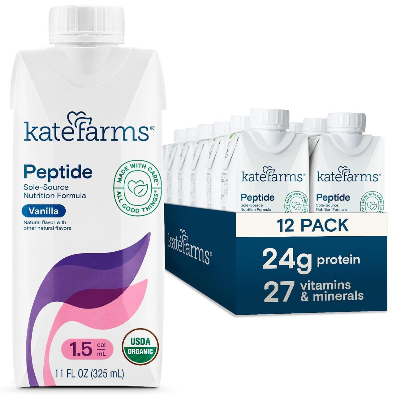 Peptide 1.5 Vanilla case of 12 cartons, 24g protein and 27 vitamins text