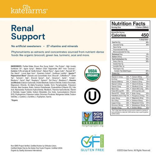 Nutrition Facts label for Renal Support vanilla shake, USDA Organic, gluten free