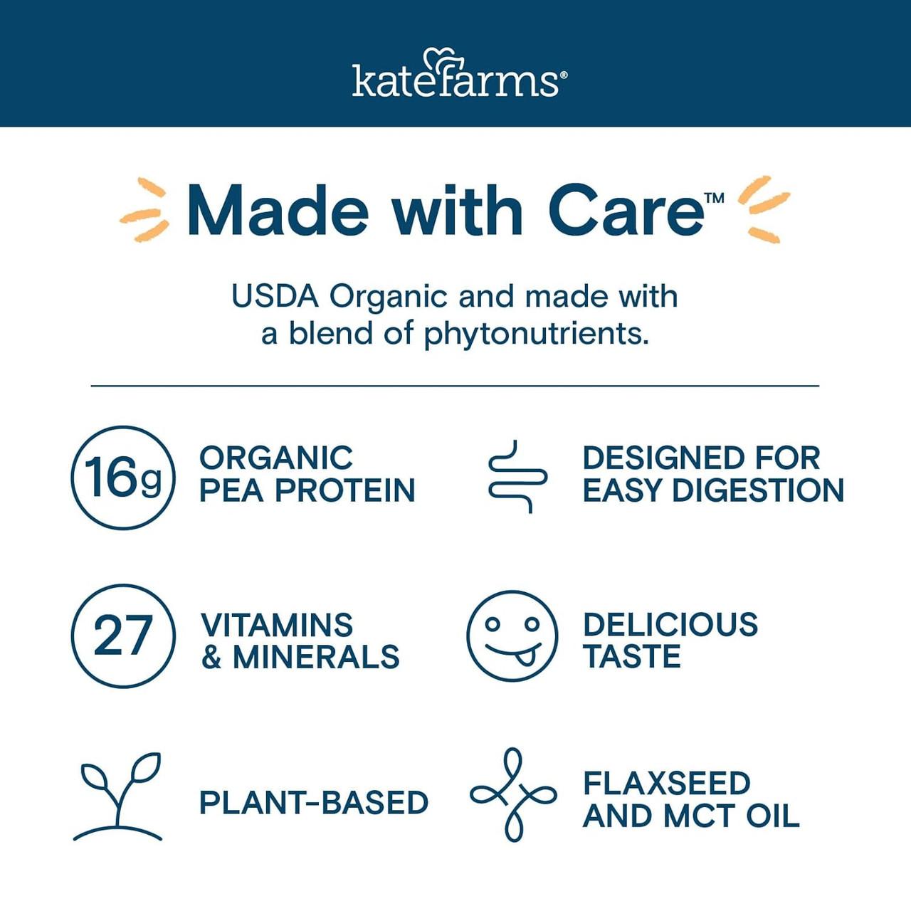 Kate Farms Standard 1.0 Chocolate: 16g organic pea protein, 27 vitamins & minerals
