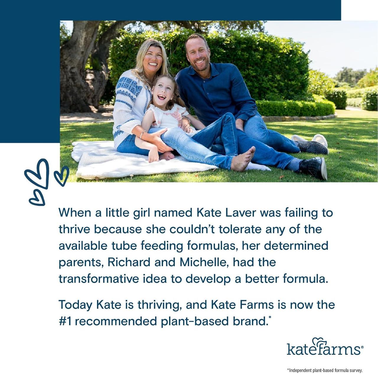 Kate Farms brand story with family image and text on plant-based nutrition