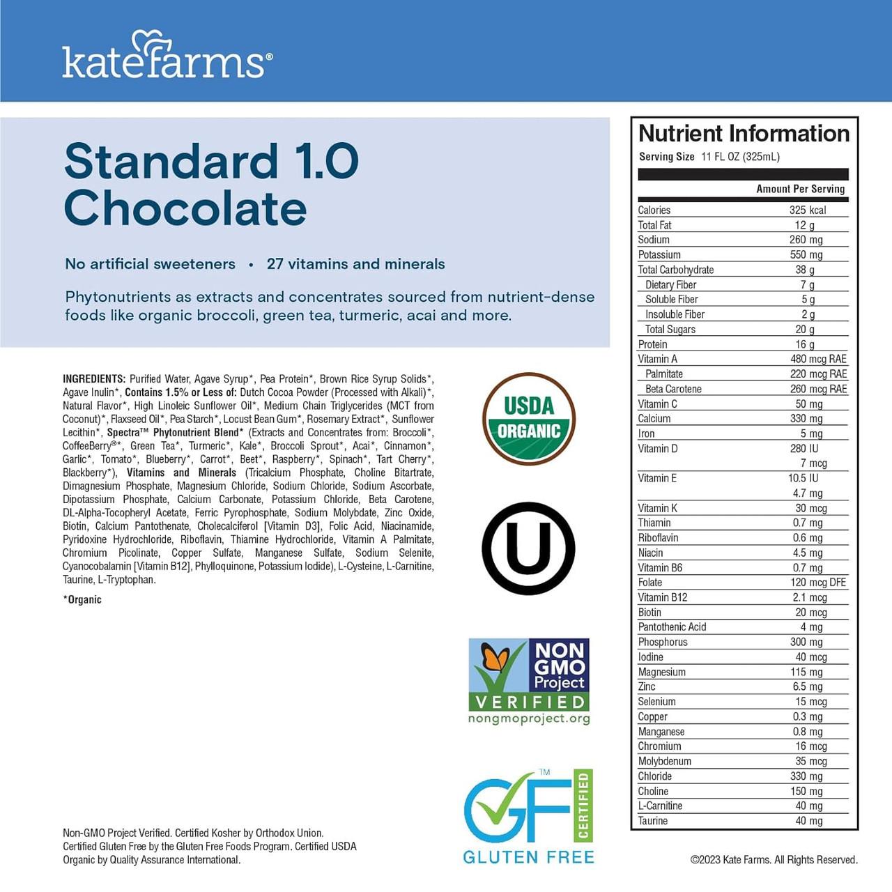 Kate Farms Standard 1.0 Chocolate label with nutrient facts, serving size 11 fl oz (325 mL)