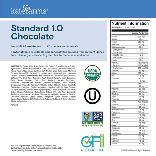Kate Farms Standard 1.0 Chocolate label with nutrient facts, serving size 11 fl oz (325 mL)