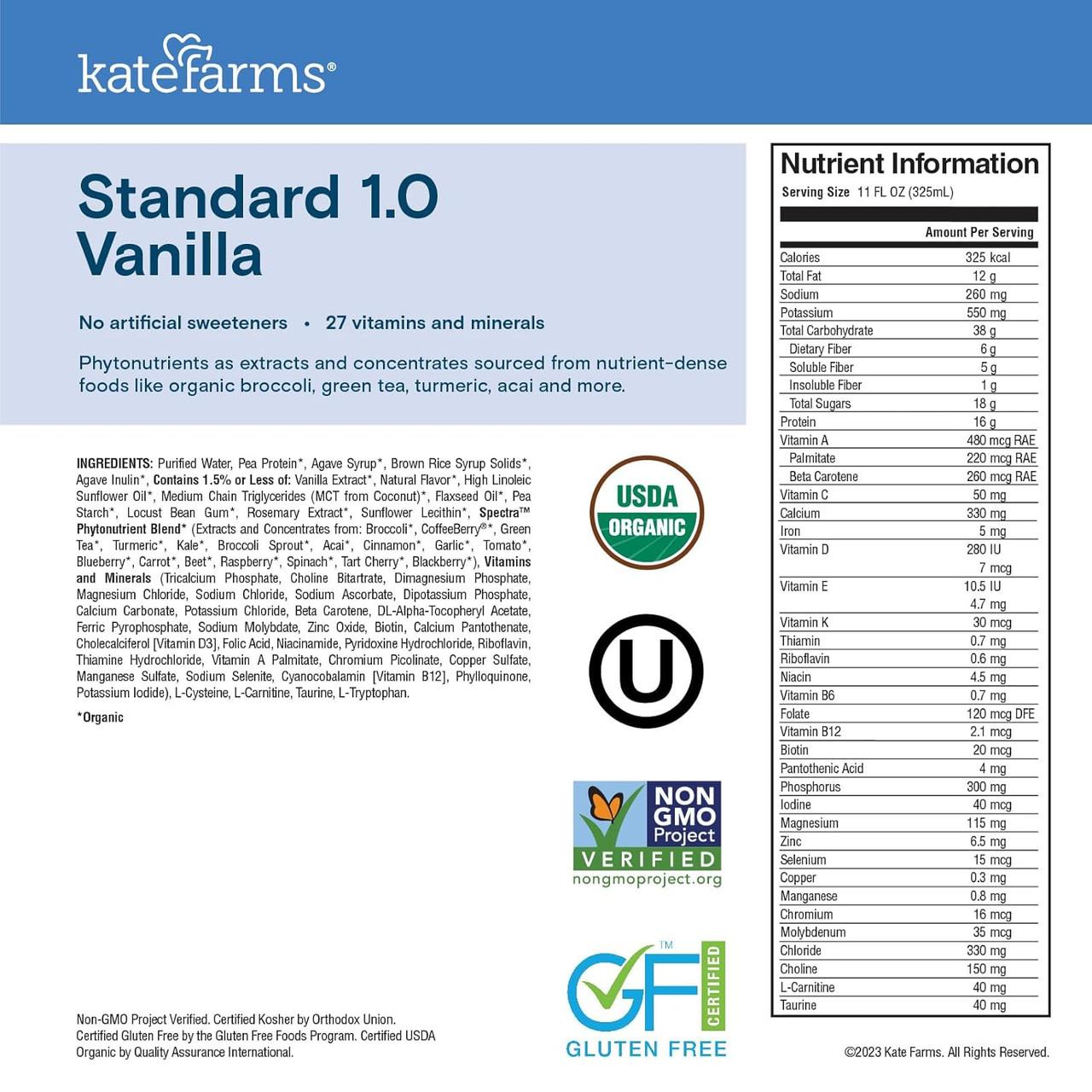 Standard 1.0 Vanilla nutrition facts panel, 11 fl oz (325 mL)