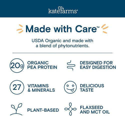Made with Care: 20 g pea protein, 27 vitamins & minerals; plant-based flaxseed oil
