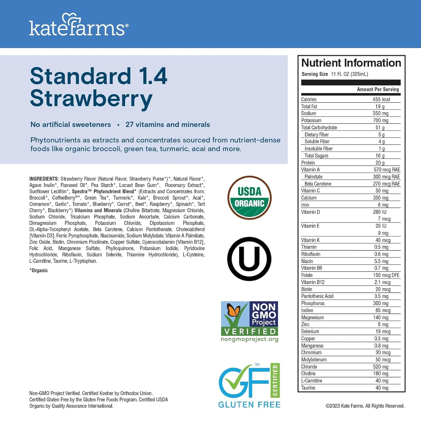 Standard 1.4 strawberry nutrition panel: ingredients and nutrient information, USDA Organic