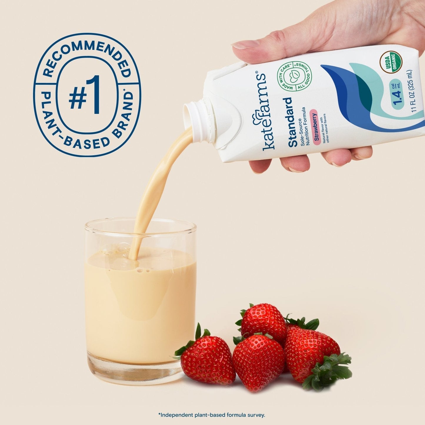 Hand pouring Standard 1.4 strawberry formula into a glass, #1 plant-based brand badge