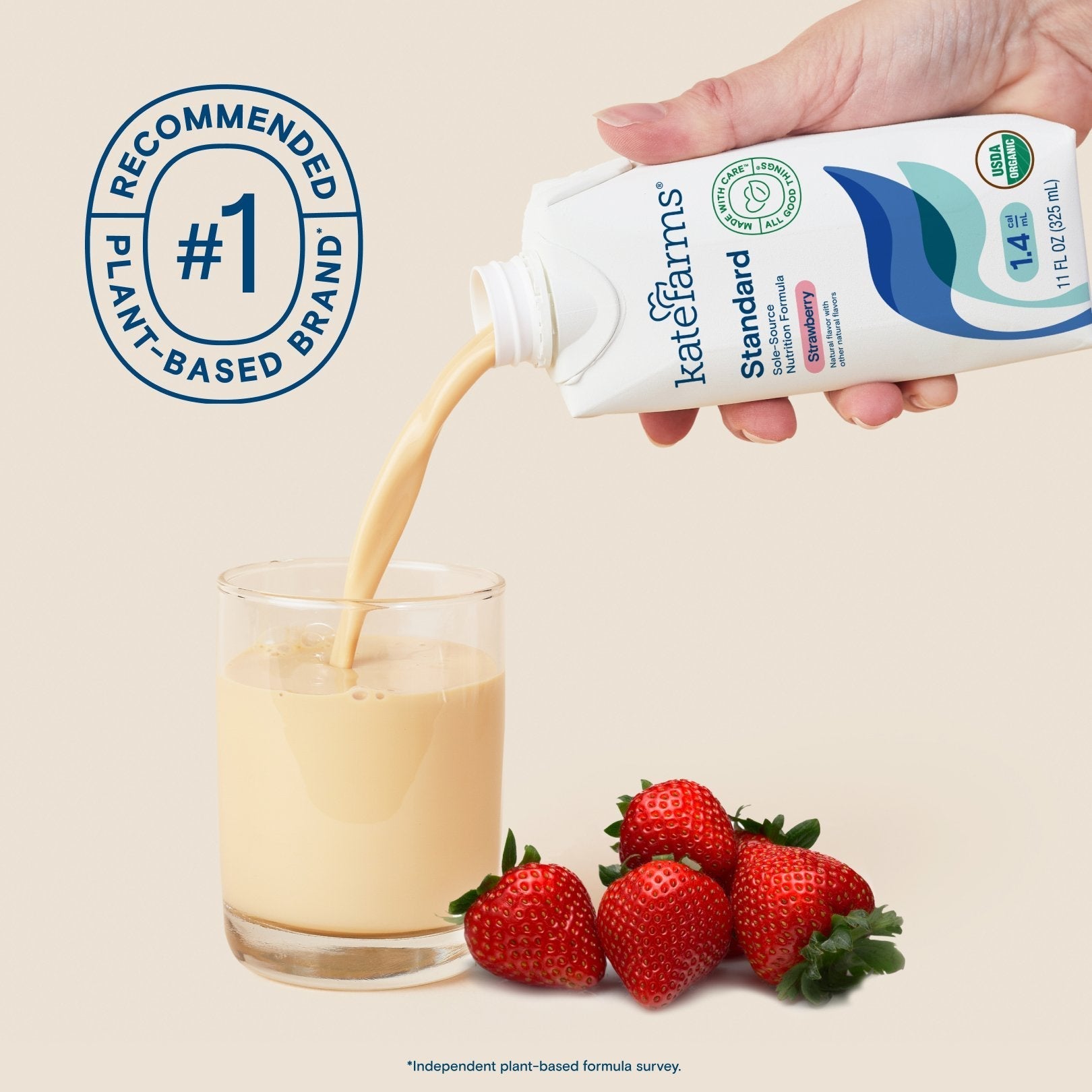 Hand pouring Standard 1.4 strawberry formula into a glass, #1 plant-based brand badge