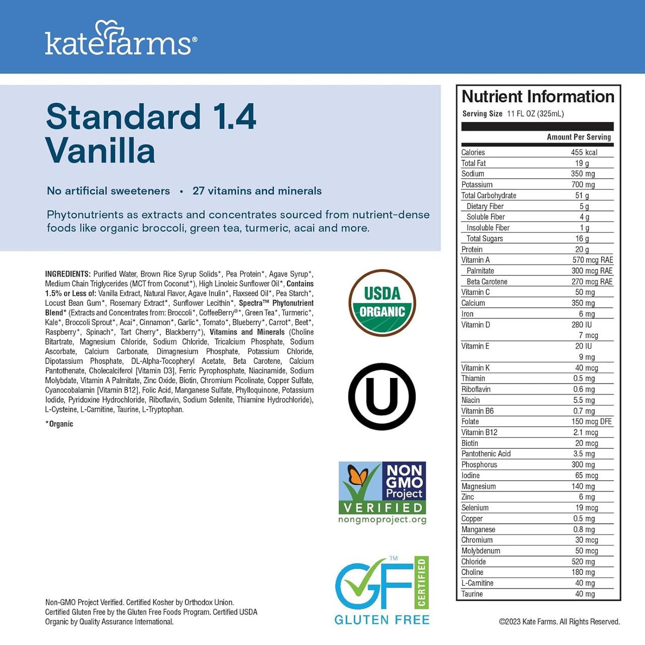 Standard 1.4 Vanilla nutrition facts panel with USDA Organic and gluten-free icons