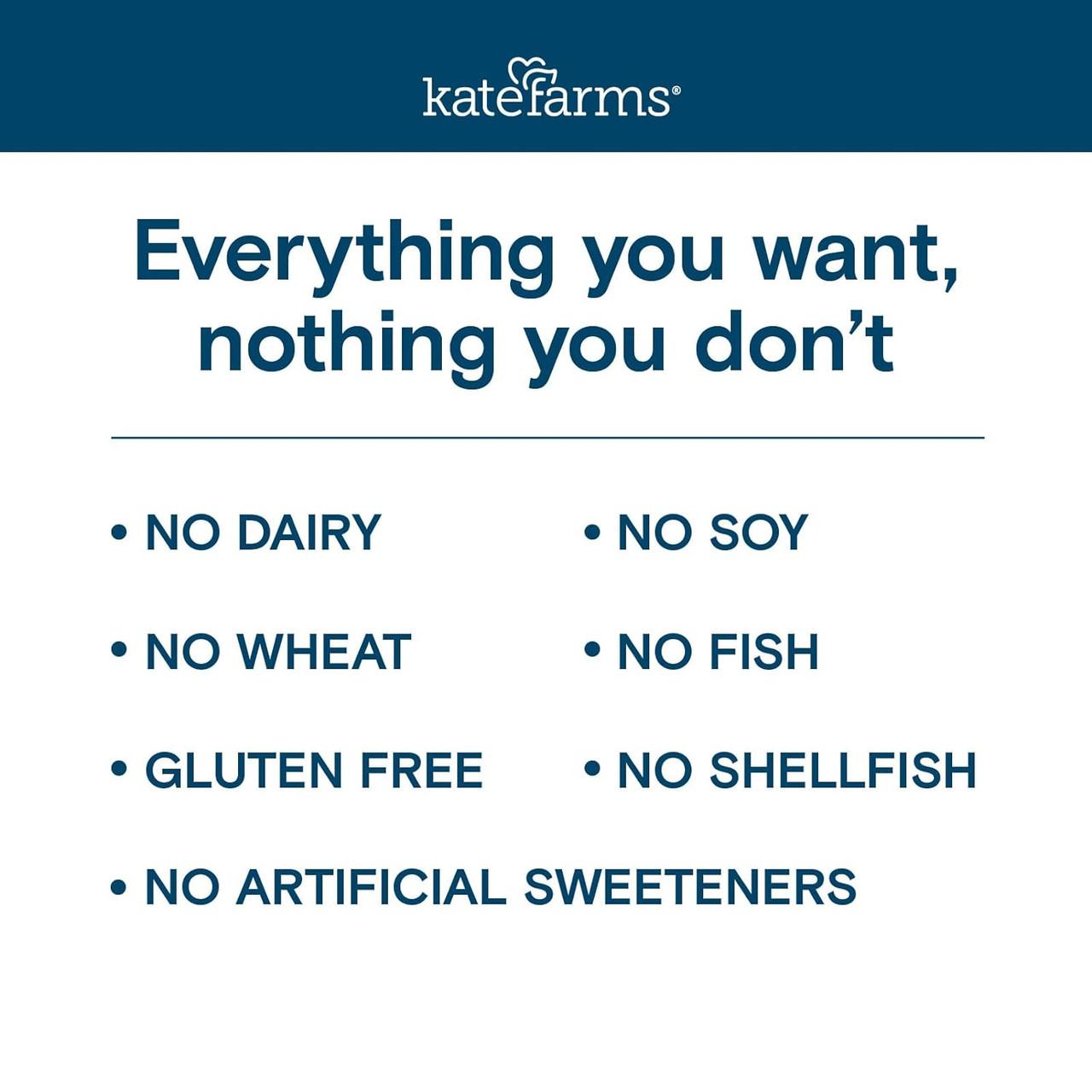 Standard 1.4 vanilla claims panel: gluten free, no dairy, soy, wheat, fish, or shellfish