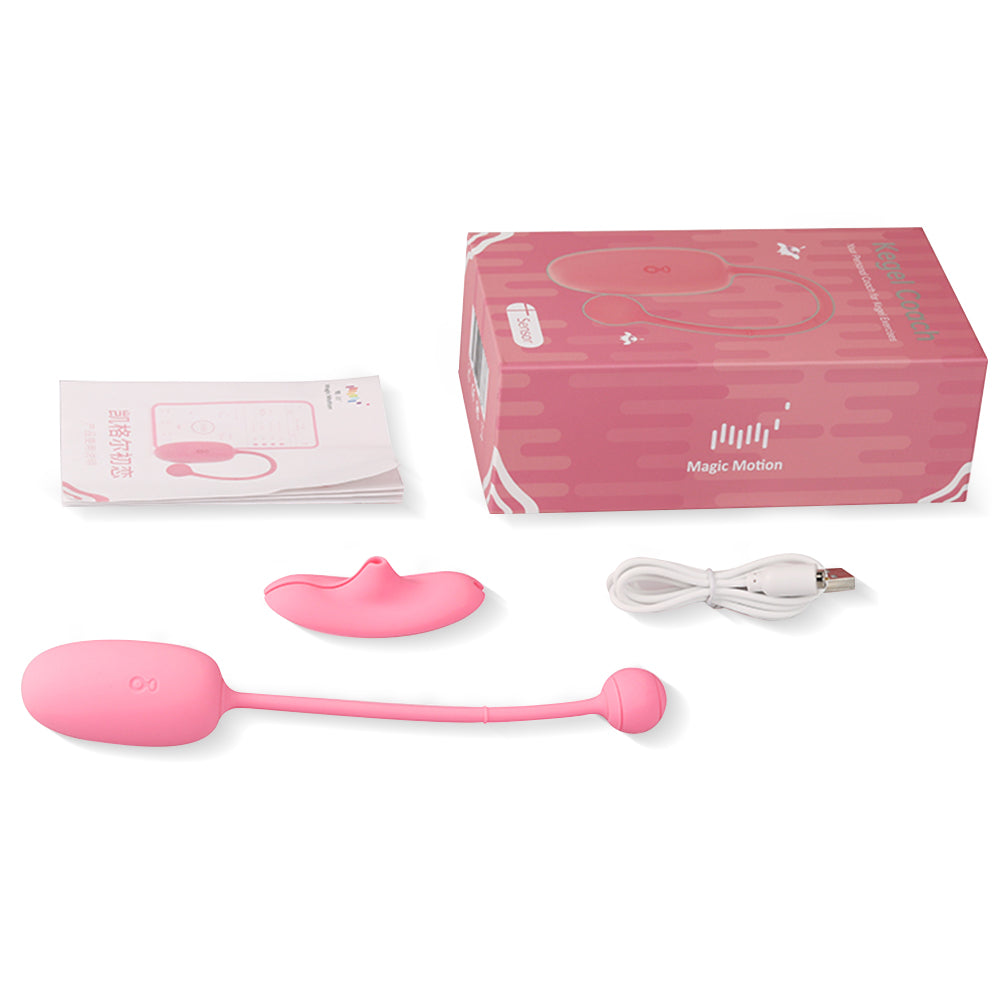 Kegel Coach pink silicone trainer set with retail box, cable, and spare cap