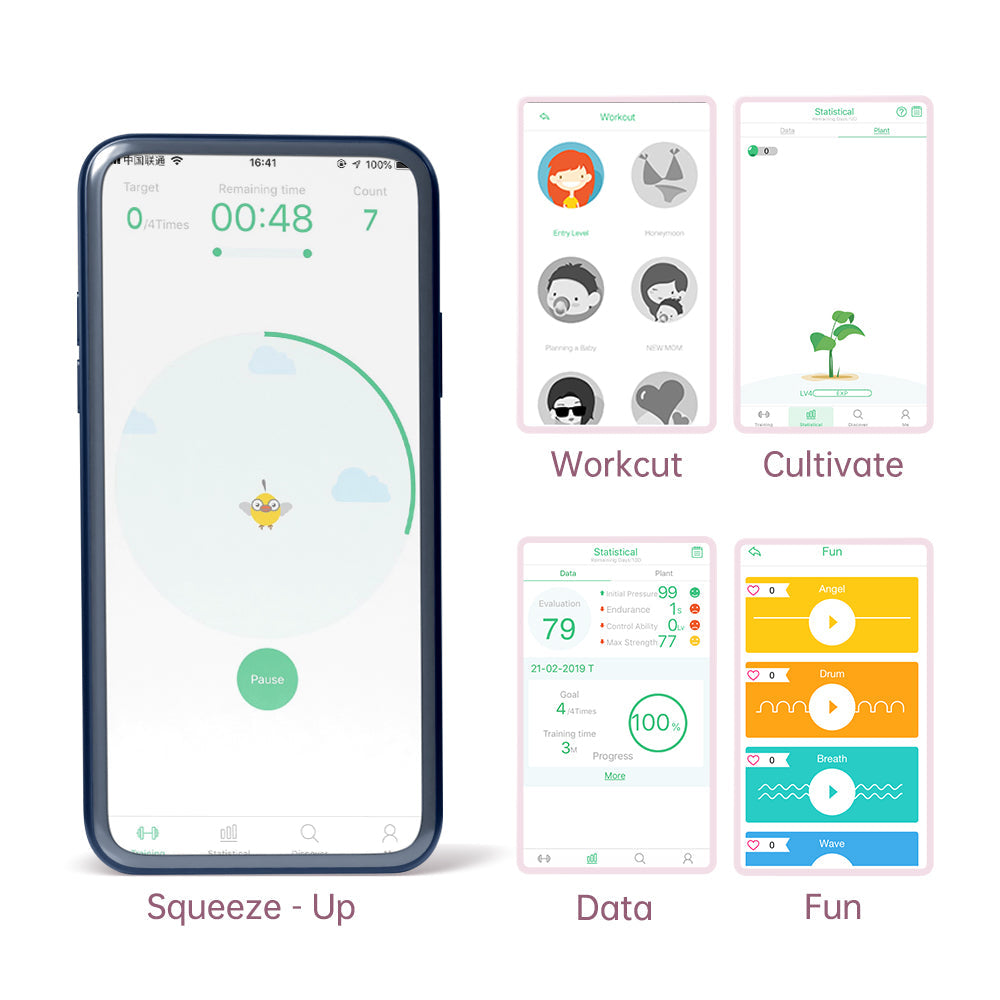 Kegel Coach app on smartphone showing workout screen and training goals