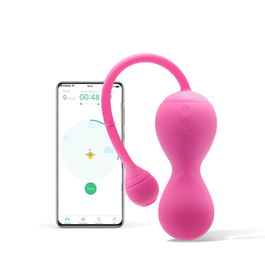 Pink pelvic floor trainer with flexible handle and rounded silicone bulb