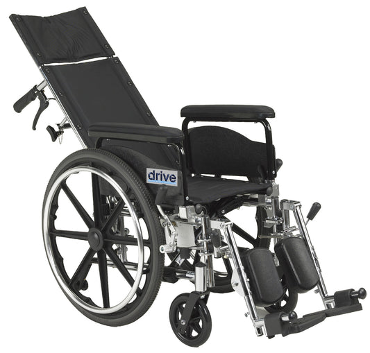 Black full-reclining wheelchair with detachable full arms, 20in seat, front wheel view