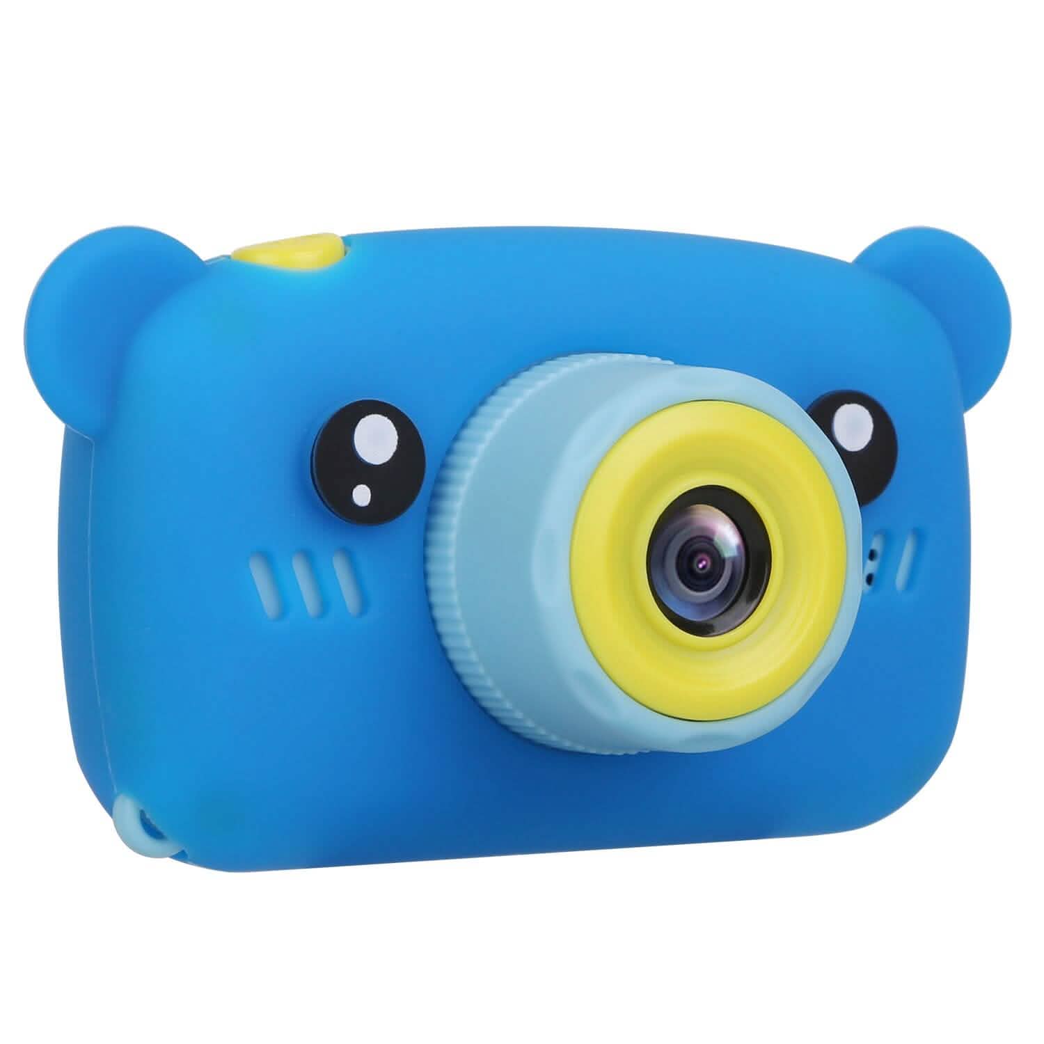 Blue bear-shaped kids digital camera with yellow-ring lens and front speaker holes