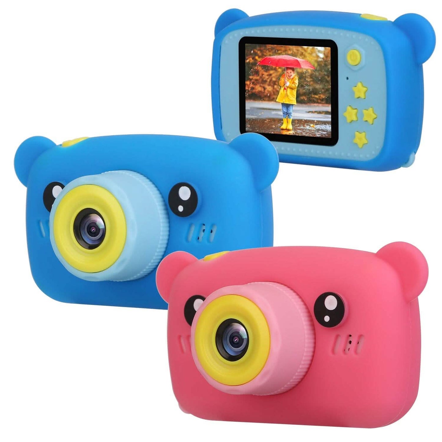 Kids digital camera in blue and pink bear shape with front lenses and screen view