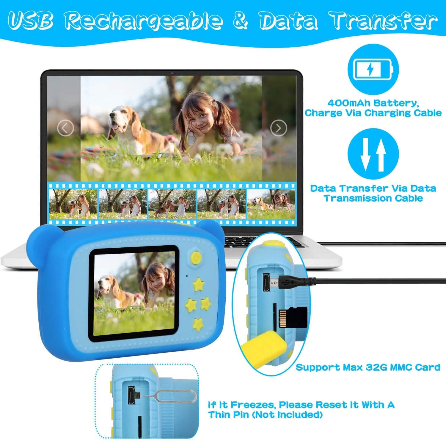 Kids digital camera in blue with screen, side card slot opening and charging port