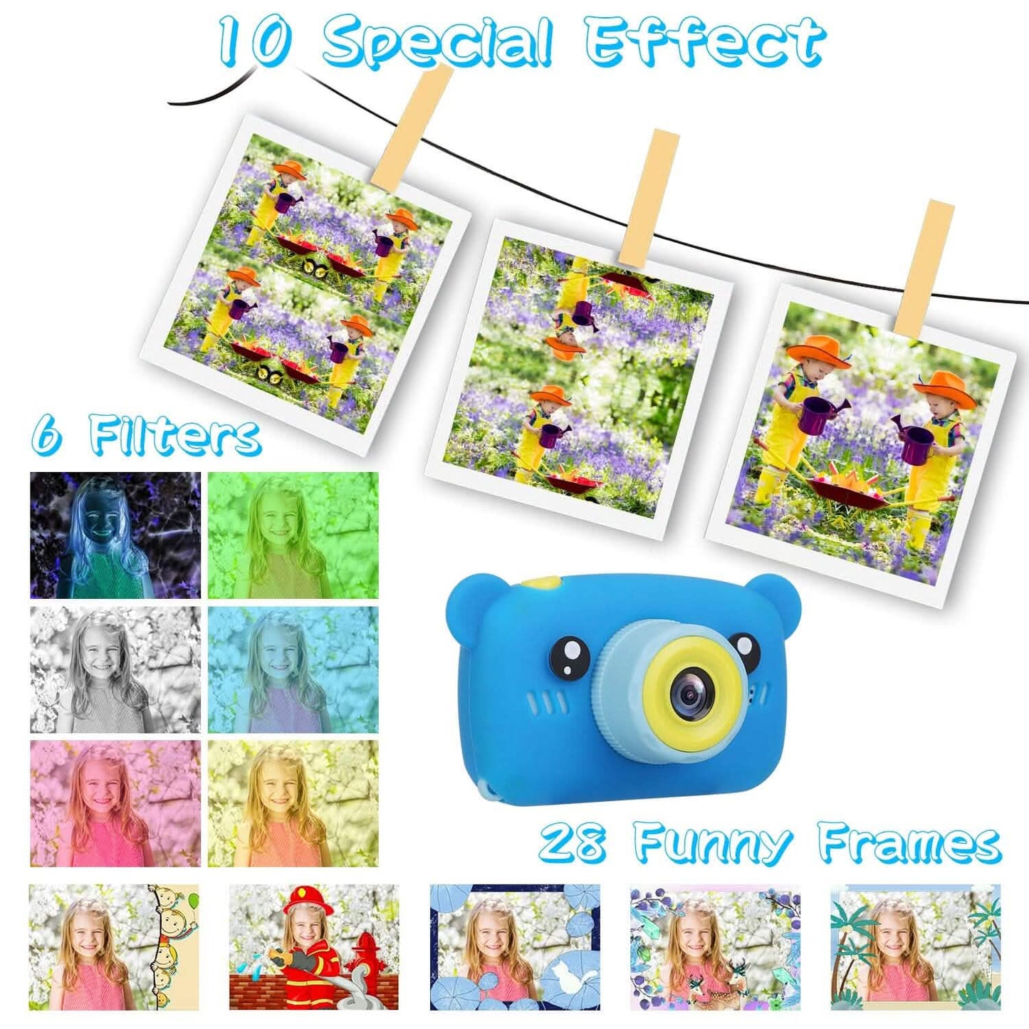 Kids digital camera in blue showing front lens with photo filters effect frames