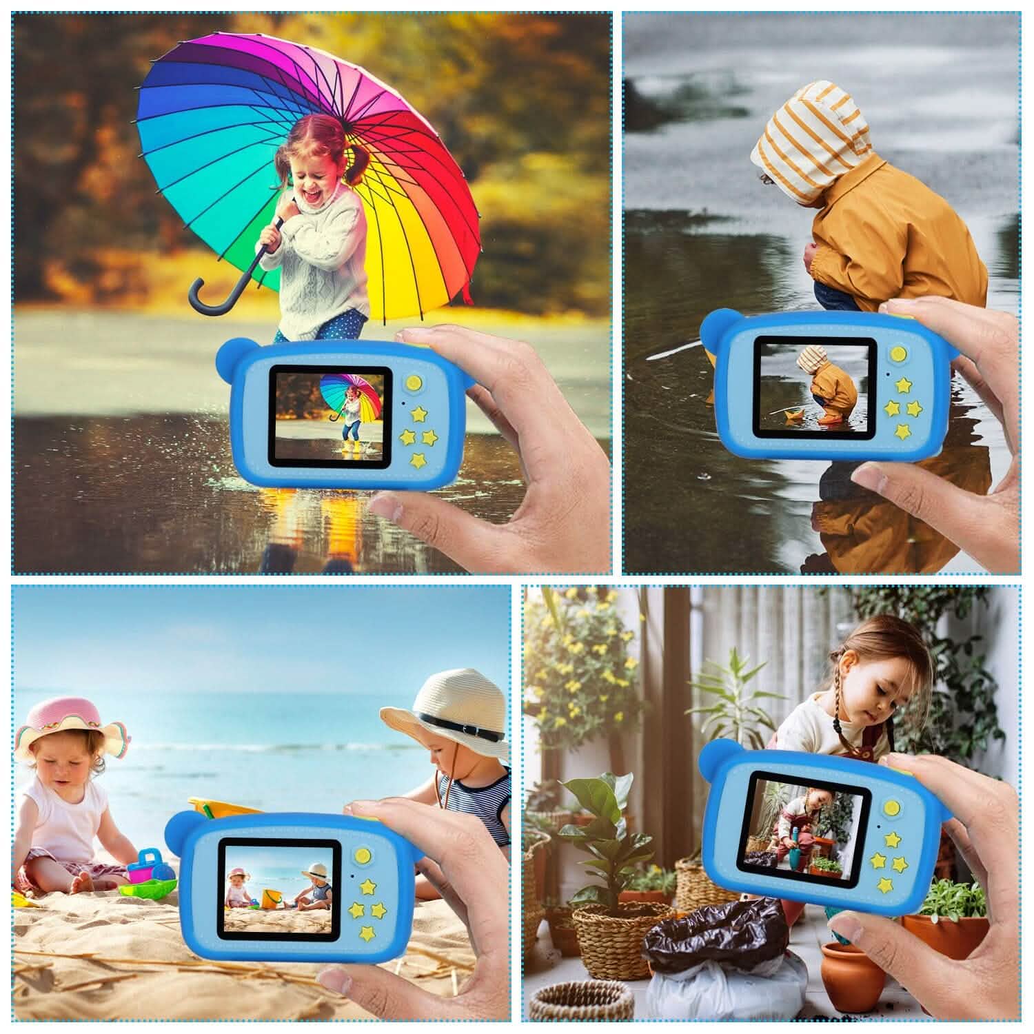 Kids digital camera in blue outdoors showing screen view during use with umbrella